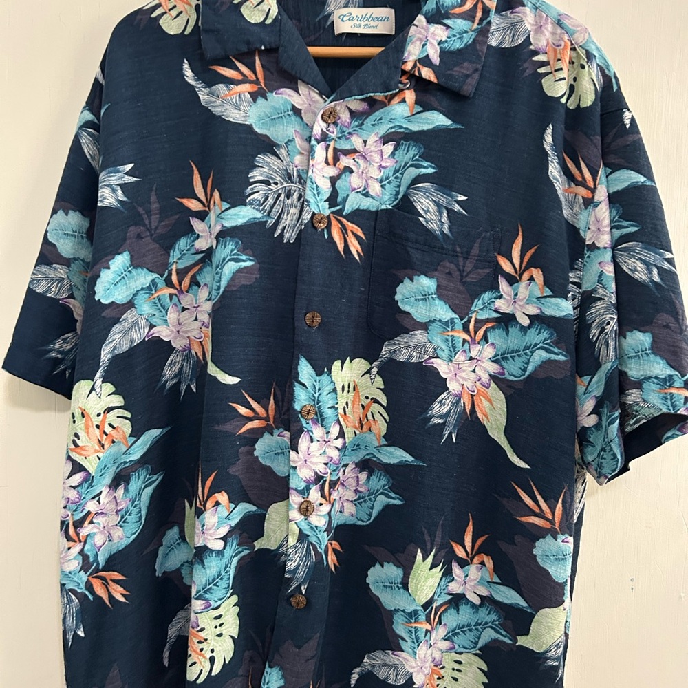 Caribbean Blue Casual Button Down Shirt with Floral Design